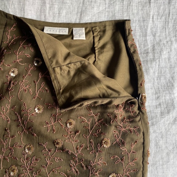 Vintage Y2K Express olive green beaded silk mini skirt Size S - Picture 12 of 15